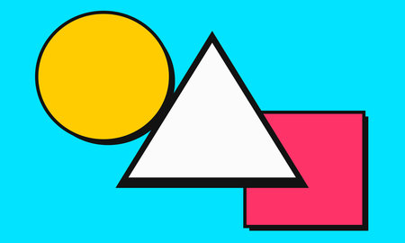 A minimalist graphic design featuring three bold geometric shapes: a yellow circle, a white...