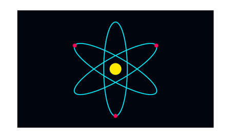 A clean, vector-style graphic depicting a stylized atom against a dark background. It features a...