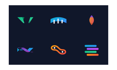 This image displays a grid of six distinct, vibrant, and minimalist abstract logos set against a...