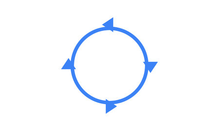 A minimalist graphic design featuring a bright blue circle with four evenly spaced triangular...