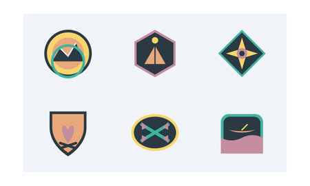 An illustration featuring a set of six distinct, minimalist badges or logos arranged in two rows on...
