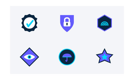 This image features a set of six minimalist icons designed for themes of security and data...