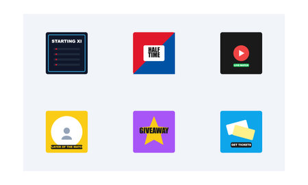 This graphic features a set of six distinct, vibrant square icons tailored for sports-related...