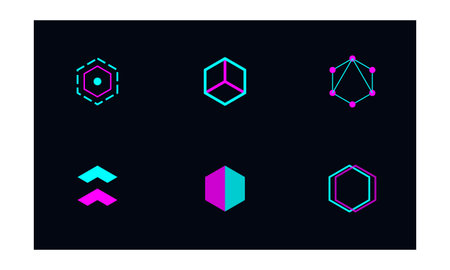 A set of six unique geometric icons or logos presented in two rows of three. Each icon features a...
