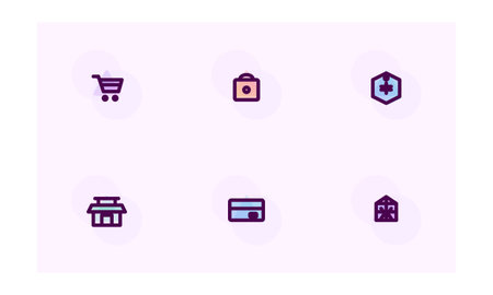 A set of six digital icons related to retail and online shopping. The icons feature a shopping cart, a shopping bag, a shipping box, a storefront, a credit card, and a gift box. Each icon is designed with a thick dark purple outline and subtle pastel blue and pink color fills, presented on a light purple background.のイラスト素材