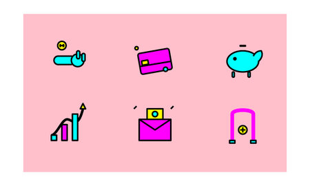 A collection of six stylized business and finance icons arranged in a three-by-two grid on a solid...