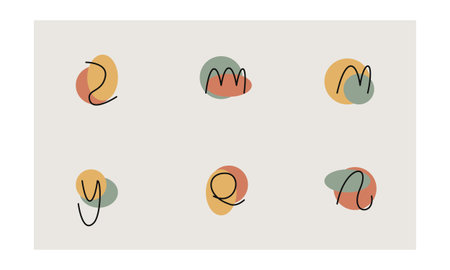 This image features six minimalist compositions arranged in a grid on a light gray background. Each...