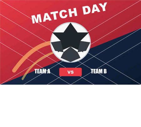 A digital graphic design for a soccer match day announcement. The image features a stylized soccer ball with black stars in the center. Above the ball, 'MATCH DAY' is written in bold white letters. Below, 'TEAM A' and 'TEAM B' are separated by a small red 'vs' box. The background is diagonally divided into textured red and dark blue sections with a grid pattern.のイラスト素材