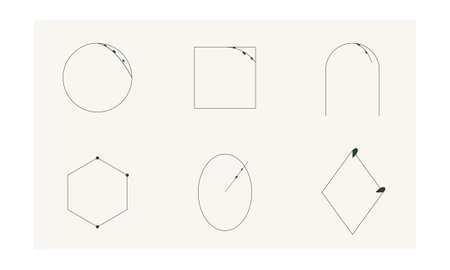 A minimalist illustration featuring six different geometric shapes and vector paths. The top row...
