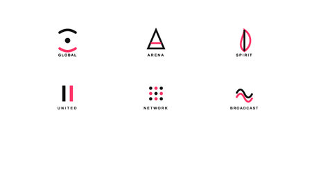 A set of six minimalist and modern  icons in a black and pink color scheme, each with a...