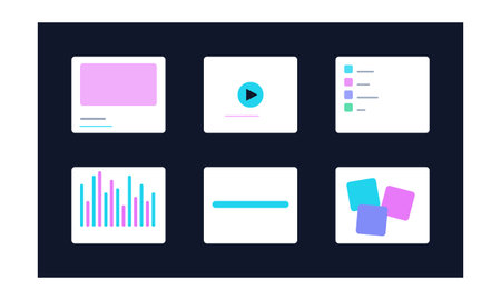 This digital illustration features a grid of six white UI cards set against a dark background. The...