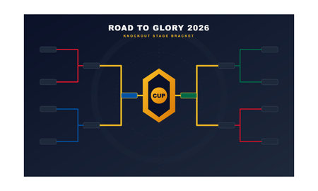 A professional tournament bracket layout for a global football championship in 2026 featuring a central gold trophy icon and colored paths on a dark background.のイラスト素材