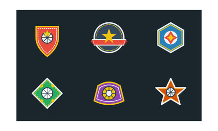 Set of six colorful retro graphic emblems featuring shields stars and geometric shapes designed for...