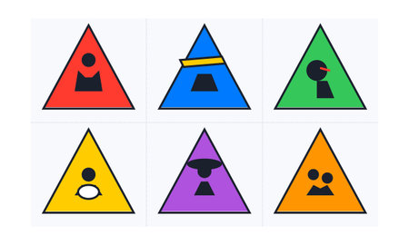 A collection of six vibrant geometric triangles in various colors displaying simplified black human...