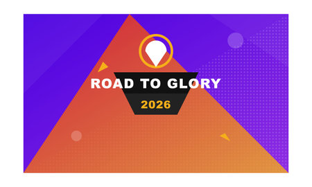 This dynamic background features a bold purple and orange geometric design with halftone patterns...