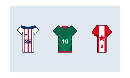 A set of three stylized football shirts showcasing national colors and player numbers for United...