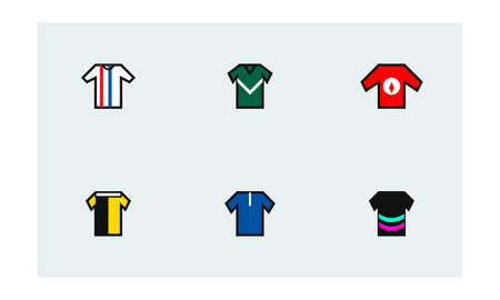 A collection of six unique hand-drawn athletic shirt icons representing different team kits...