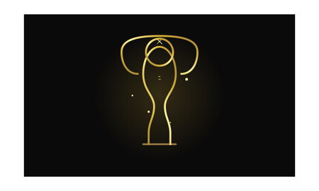 A golden line art illustration of a competitive prize trophy with thin glowing metallic strokes and subtle sparkling particles isolated on a deep black background.のイラスト素材
