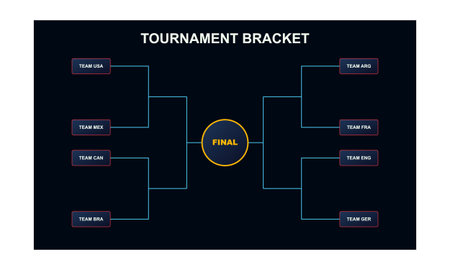 Infographic layout featuring a dark background with blue glowing lines and red bordered boxes representing international football or sports teams in a competitive playoff structure.のイラスト素材