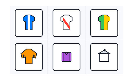 Professional collection of six minimalist soccer jersey templates featuring vibrant colors and bold outlines suitable for sports branding, mobile apps, and international football tournament graphics.のイラスト素材