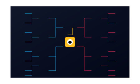A clean neon tournament bracket display with blue and pink lines against a dark background, showcasing a central golden soccer ball icon for championship sports events.のイラスト素材