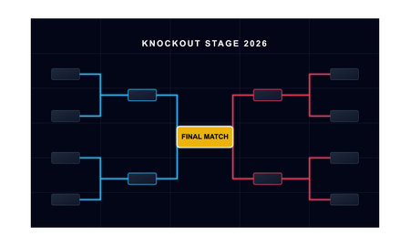 This neon infographic displays a tournament bracket for the 2026 knockout stage with glowing blue and red team paths leading to a yellow final match.のイラスト素材