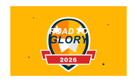 Vibrant graphic emblem showcases a central shield with stars, a red ribbon banner displaying the...