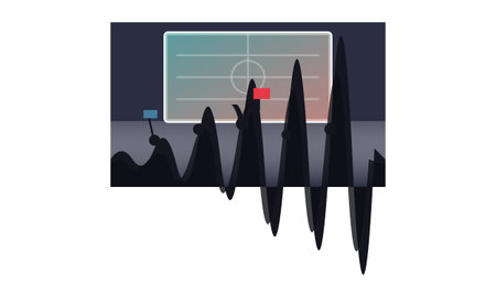 Minimalist artwork depicting dark silhouettes of sports fans cheering and waving flags while...