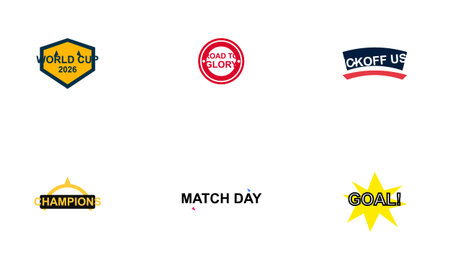 Six vibrant graphic design elements display soccer themed messages like World Cup 2026, Goal, and...
