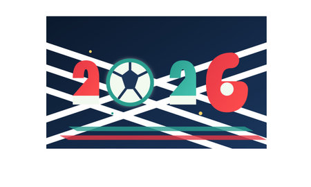 An abstract graphic representation of the 2026 World Cup featuring bold red and teal numbers, a...