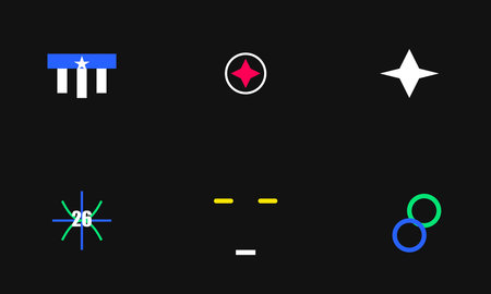 A collection of six minimalist abstract icons featuring stars, rings, and numbers in blue, green,...