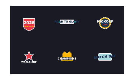 A graphic collection featuring six soccer tournament badges with slogans like Kickoff USA and Road...