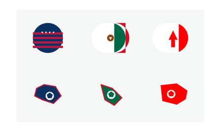 A collection of six stylized geometric icons featuring the national colors and symbolic shapes of USA, Mexico, and Canada celebrating global sports event host nations.のイラスト素材