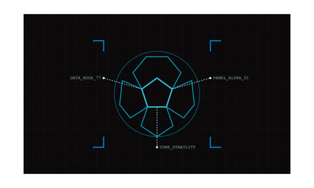 A minimalist digital HUD interface featuring a blue wireframe soccer ball with technical data labels...