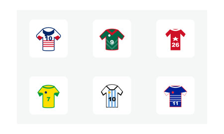 A set of six colorful soccer shirt icons representing USA, Mexico, Canada, Brazil, Argentina, and France, displayed on white square backgrounds for sports tournament themes.