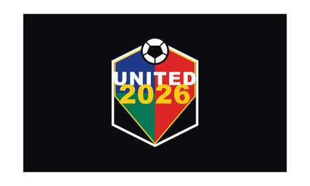 A vibrant geometric crest  showcasing the word United and year 2026 over a multicolored shield...