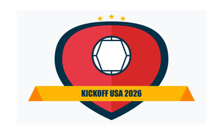 A clean flat graphic representing a sports emblem with a red shield, soccer ball motif, yellow banner, and three gold stars for 2026 world events.のイラスト素材