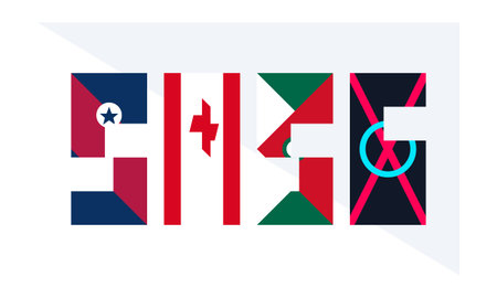 This professional graphic design features stylized typography for the upcoming 2026 tournament incorporating colors from the United States Canada and Mexico celebrating global soccer hostsのイラスト素材