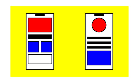 Two mobile application wireframes displayed on a bright yellow background using a neo-brutalist...