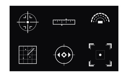 Six white minimalist sci-fi tactical elements featuring crosshairs, radar, meters, and target frames...