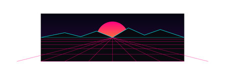 A vibrant retro futuristic landscape featuring a pink perspective grid blue neon mountain range and...