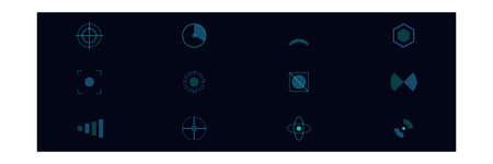 A set of blue cyan technological heads-up display icons with halftone patterns on a dark background...