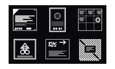 A collection of six white minimalist industrial labels and technical specification sheets on a black...