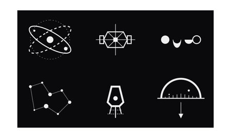 A collection of six white geometric line art symbols depicting satellites, constellations,  paths,...