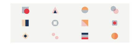 A collection of twelve geometric abstract icons featuring halftone textures circles triangles and...