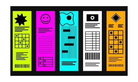 A collection of five vibrant vertical receipt designs featuring Y2K acid graphics bold neon colors...