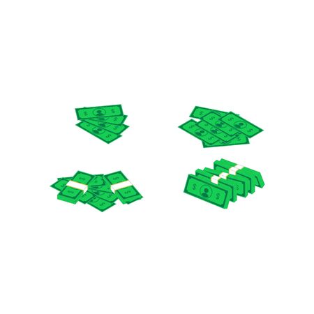 Isometric money heap. Vector illustration of stack of green banknotes isolated on white backround. Flat currency for investment, payment and savings conceptのイラスト素材