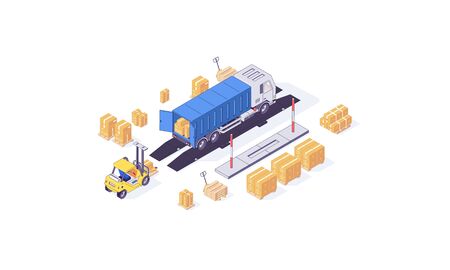 Isometric warehouse boxes truck cargo transport cars. Transportation box delivery trucks and car vector illustration. 3d trucks vehicles isolated on white background logistic service conceptのイラスト素材