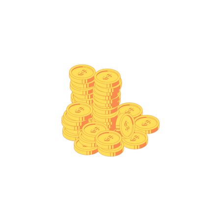 Isometric money heap. Vector illustration of stack of green banknotes, golden and silver coins and shining gold bars isolated on white background. Flat cash for investment and savings conceptのイラスト素材