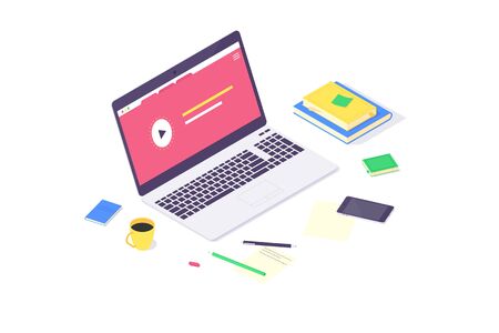 Isometric online education study and laptop knowledge design flat computer learn and book library vector illustrationのイラスト素材